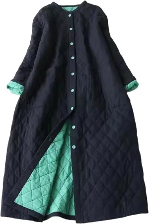 Women Winter Japan Style Vintage Plaid Oversized Long Coat Cotton Padded Ladies Loose Overcoat
