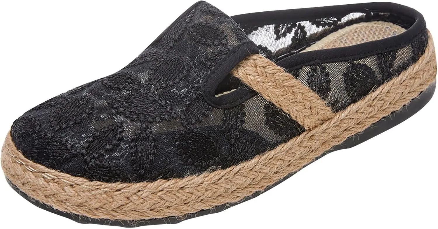 Women Woven Loafers Linen Half Pack Shoes with Ethnic Embroidery and Snow Chains (Bk1)