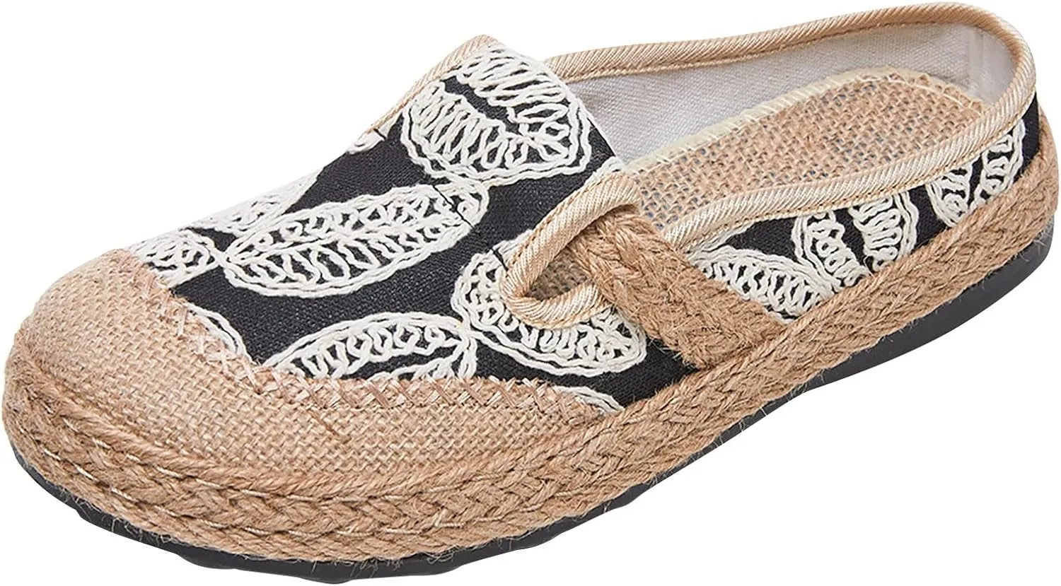 Women Woven Loafers Linen Half Pack Shoes with Ethnic Embroidery and Snow Chains (Bk2)