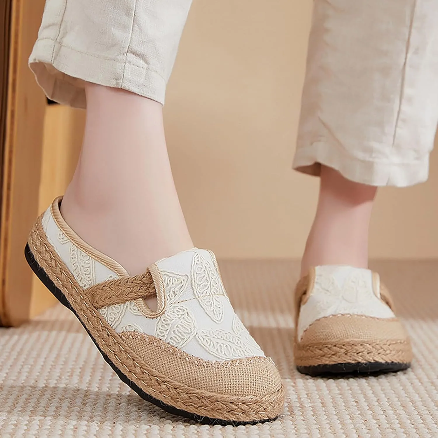 Women Woven Loafers Linen Half Pack Shoes with Ethnic Embroidery and Snow Chains