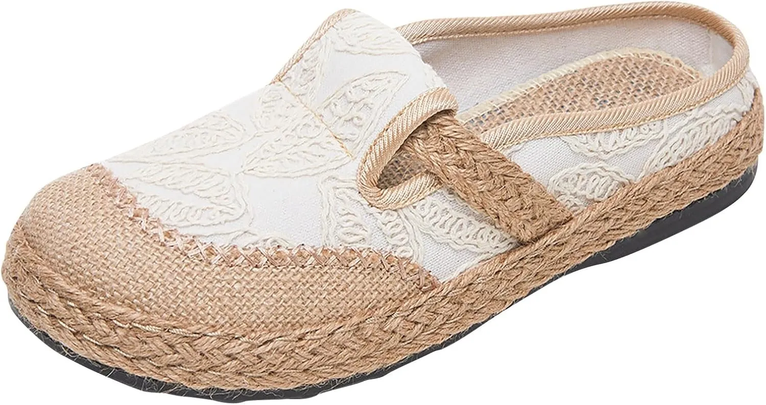 Women Woven Loafers Linen Half Pack Shoes with Ethnic Embroidery and Snow Chains