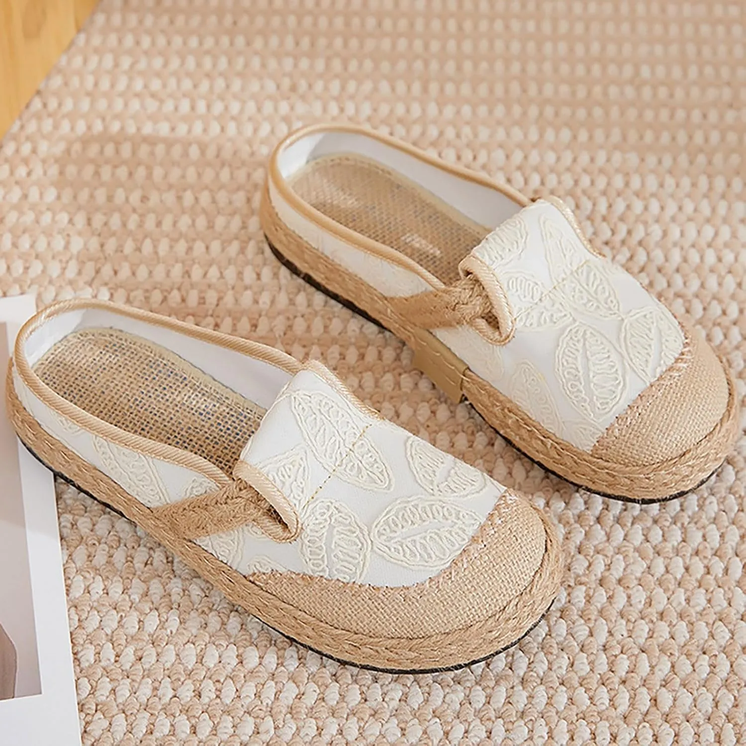 Women Woven Loafers Linen Half Pack Shoes with Ethnic Embroidery and Snow Chains