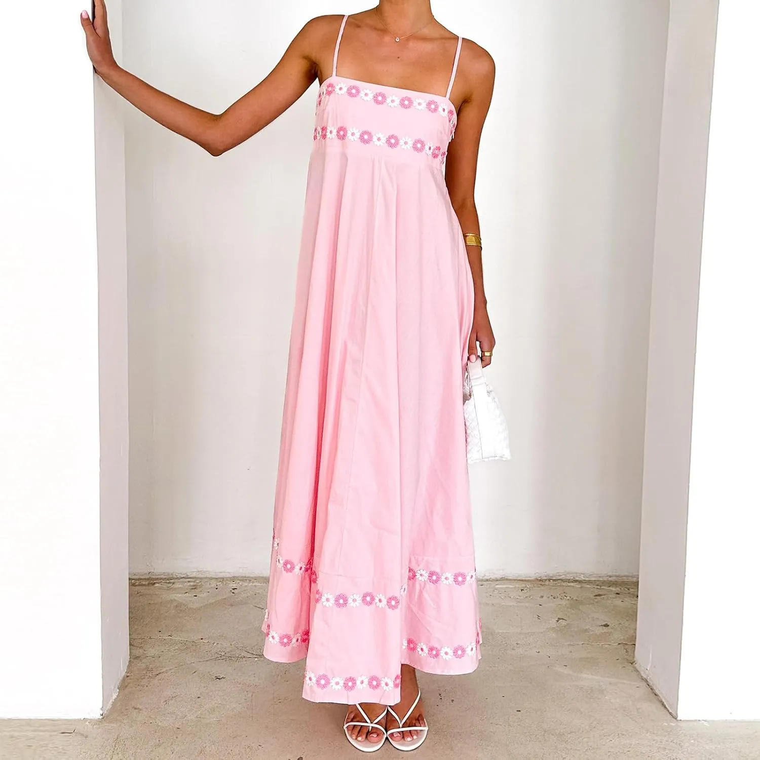 Women Y2k Floral Long Dress Boho Sleeveless Swing Maxi Dress Vintage Spaghetti Strap Aline Dress Cute Beach Sundress