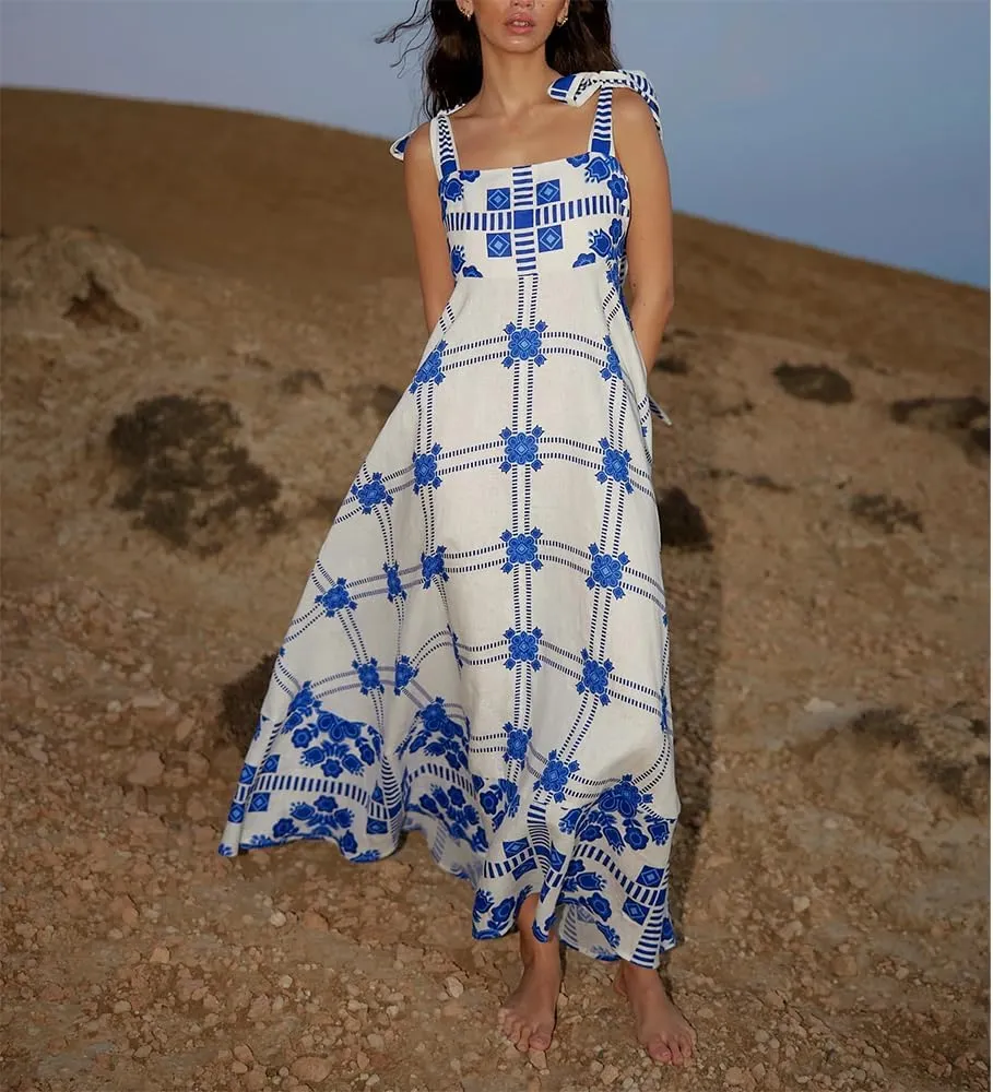 Women Y2k Floral Long Dress Boho Sleeveless Swing Maxi Dress Vintage Spaghetti Strap Aline Dress Cute Beach Sundress