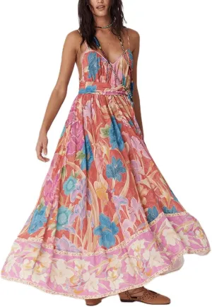 Women Y2k Floral Long Dress Boho Sleeveless Swing Maxi Dress Vintage Spaghetti Strap Aline Dress Cute Beach Sundress