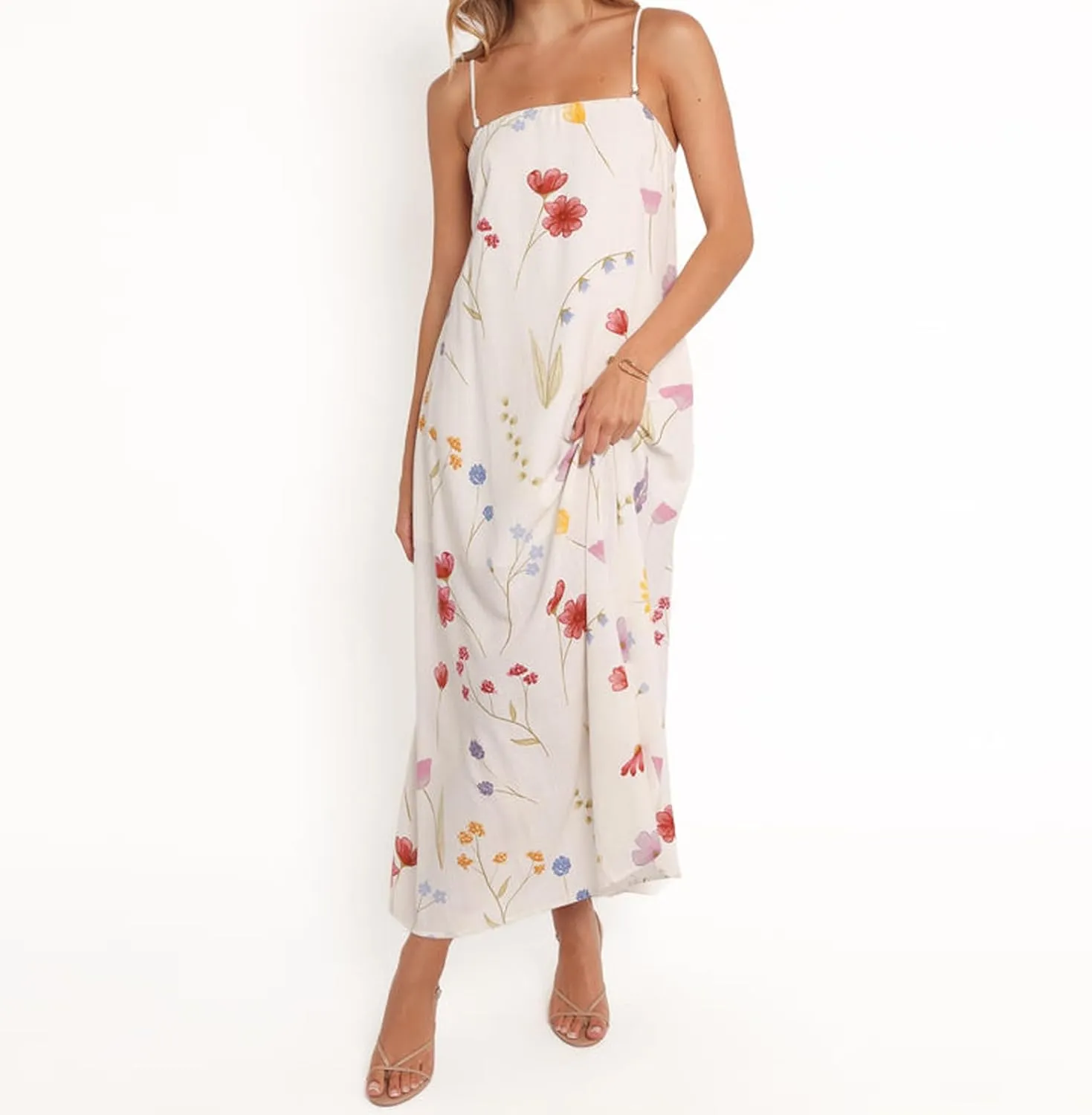 Women Y2k Floral Long Dress Boho Sleeveless Swing Maxi Dress Vintage Spaghetti Strap Aline Dress Cute Beach Sundress