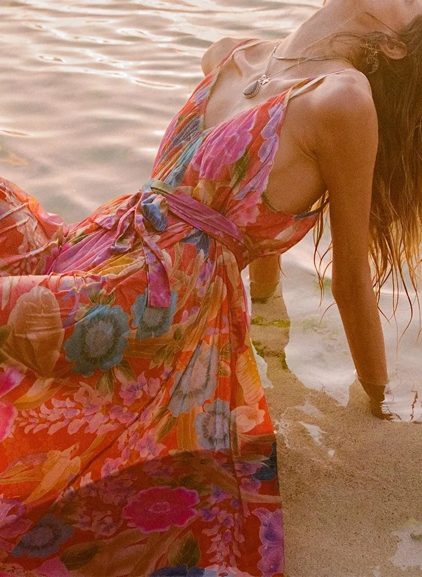Women Y2k Floral Long Dress Boho Sleeveless Swing Maxi Dress Vintage Spaghetti Strap Aline Dress Cute Beach Sundress