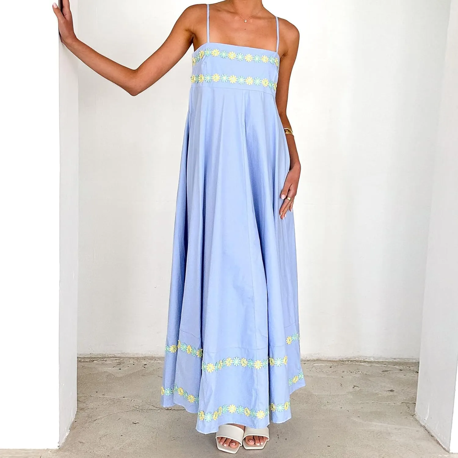 Women Y2k Floral Long Dress Boho Sleeveless Swing Maxi Dress Vintage Spaghetti Strap Aline Dress Cute Beach Sundress