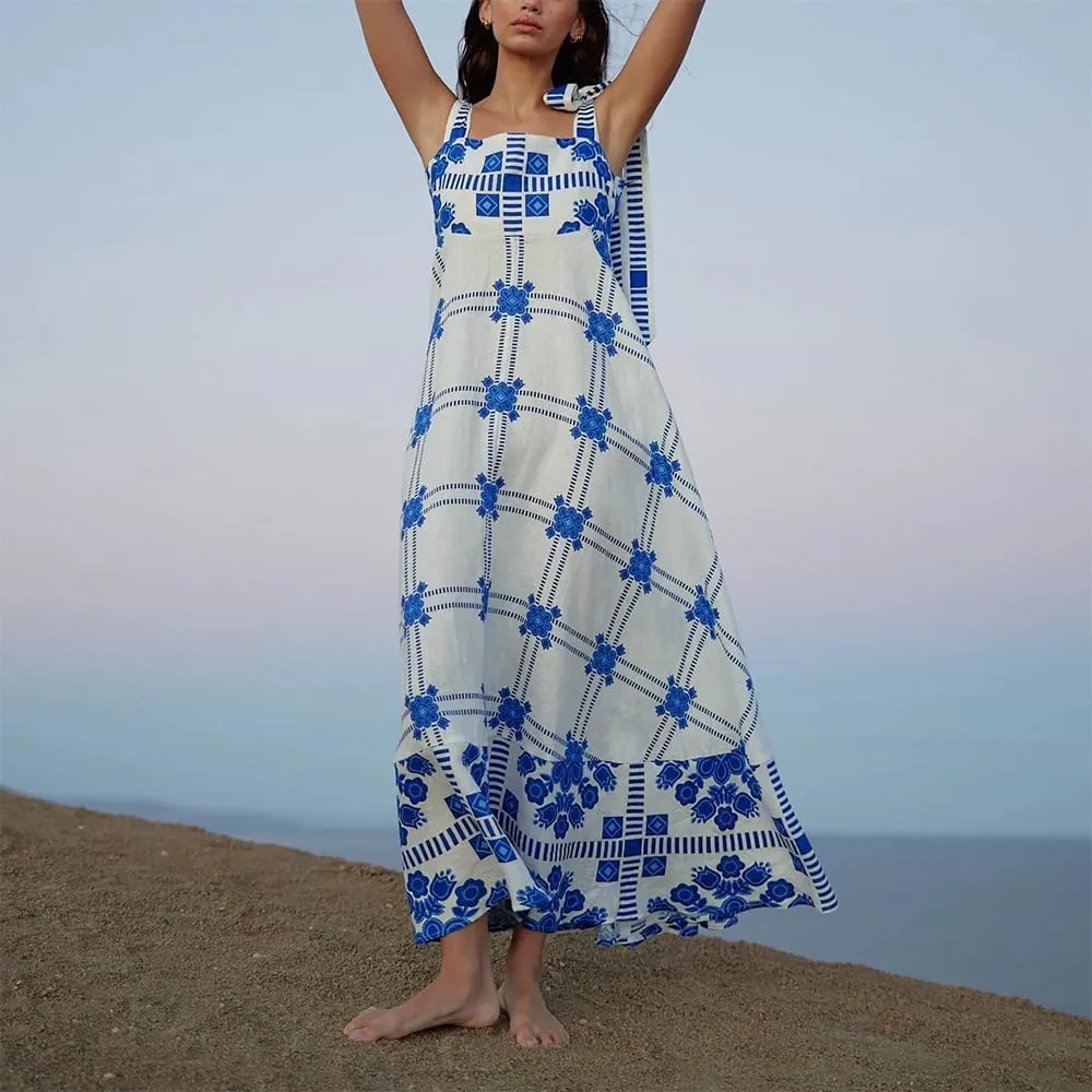 Women Y2k Floral Long Dress Boho Sleeveless Swing Maxi Dress Vintage Spaghetti Strap Aline Dress Cute Beach Sundress