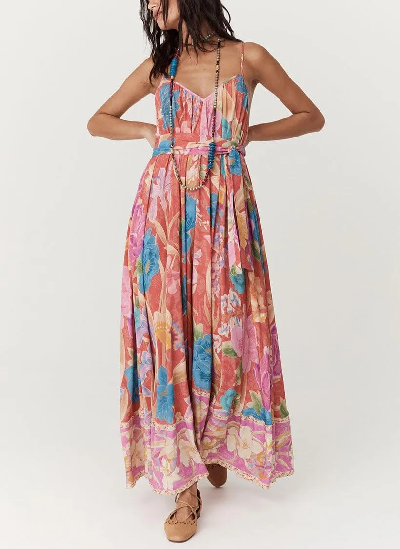 Women Y2k Floral Long Dress Boho Sleeveless Swing Maxi Dress Vintage Spaghetti Strap Aline Dress Cute Beach Sundress