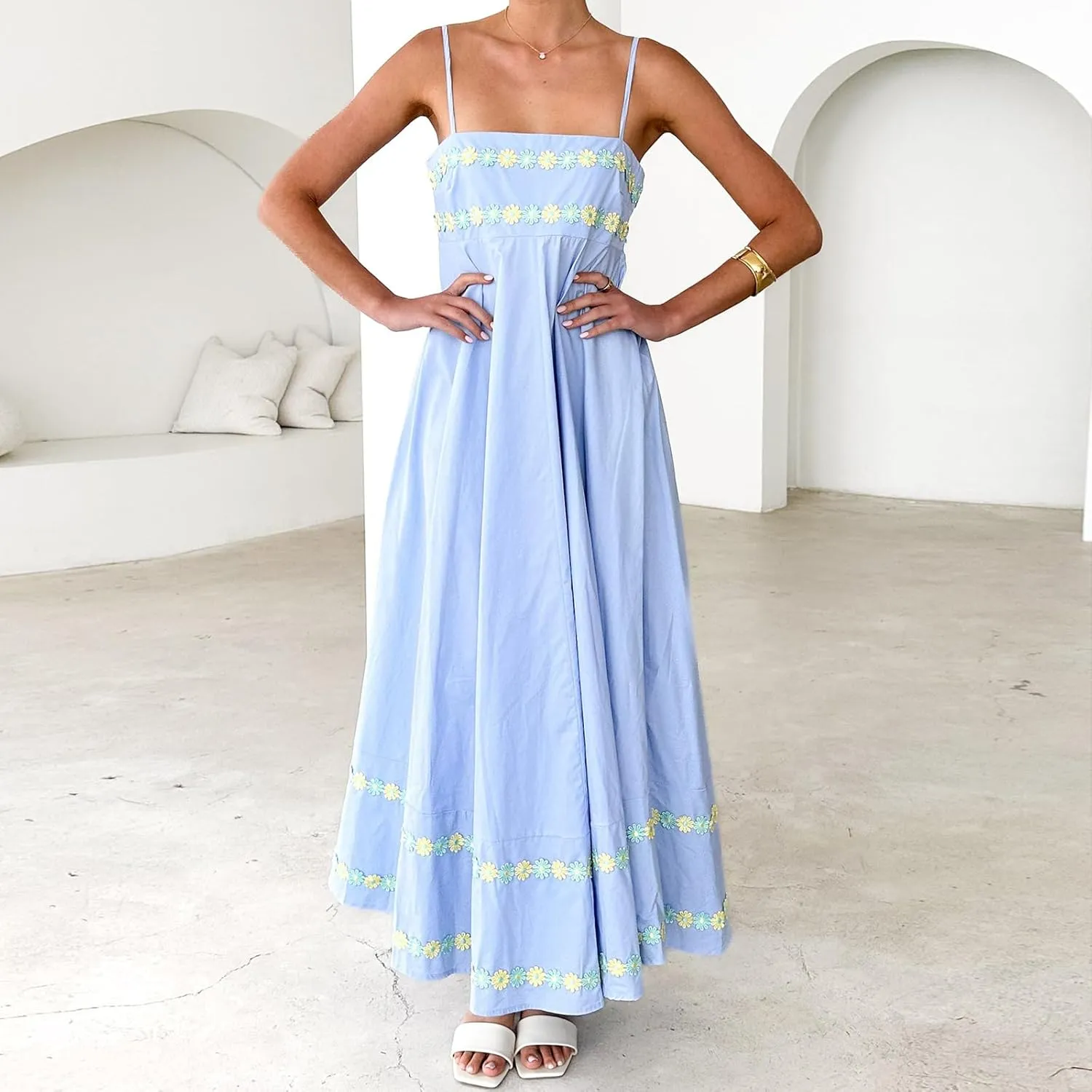 Women Y2k Floral Long Dress Boho Sleeveless Swing Maxi Dress Vintage Spaghetti Strap Aline Dress Cute Beach Sundress