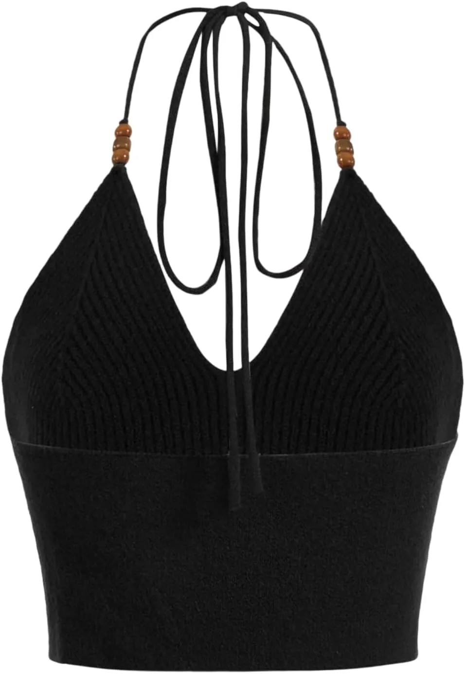 Women Y2k Knit Halter Tank Top Beaded Tie-Up Halter Neck Sleeveless Crochet Crop Vest Backless Beach Camisole Shirt