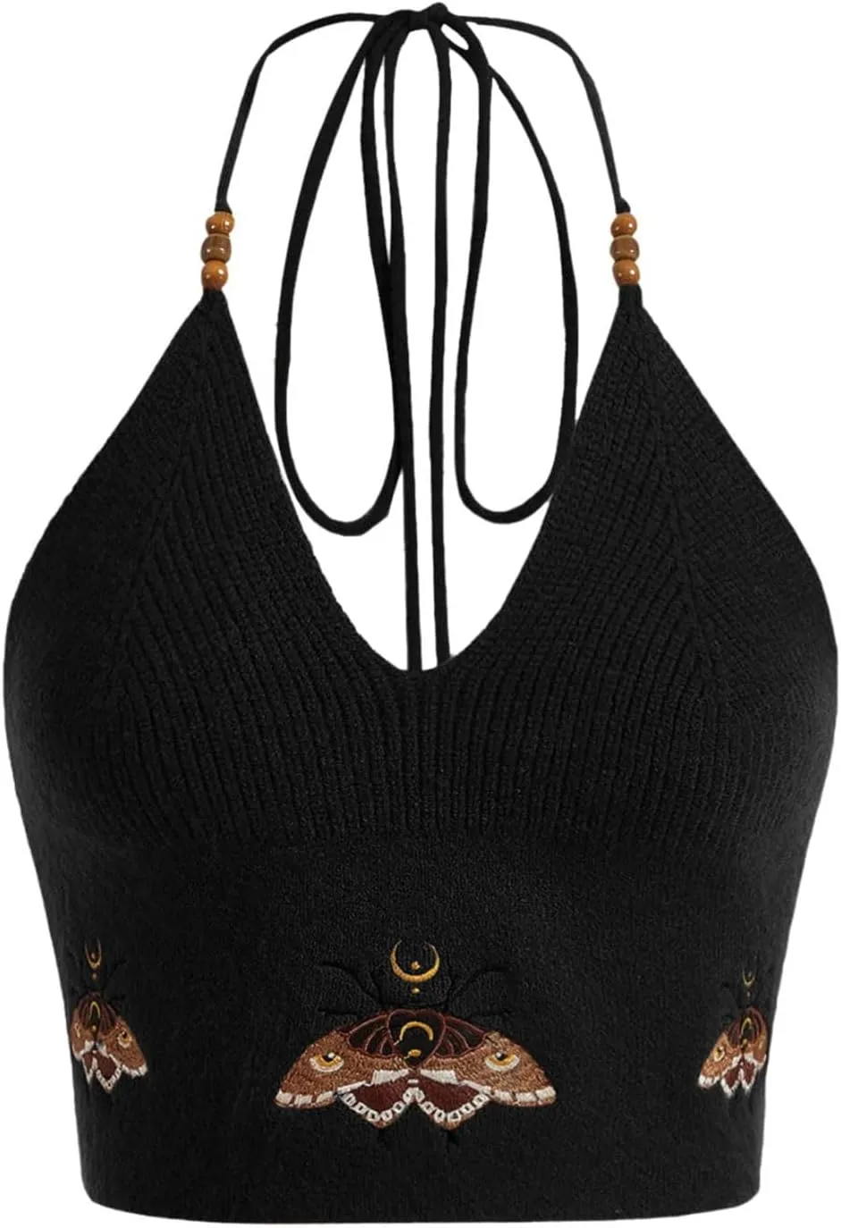 Women Y2k Knit Halter Tank Top Beaded Tie-Up Halter Neck Sleeveless Crochet Crop Vest Backless Beach Camisole Shirt