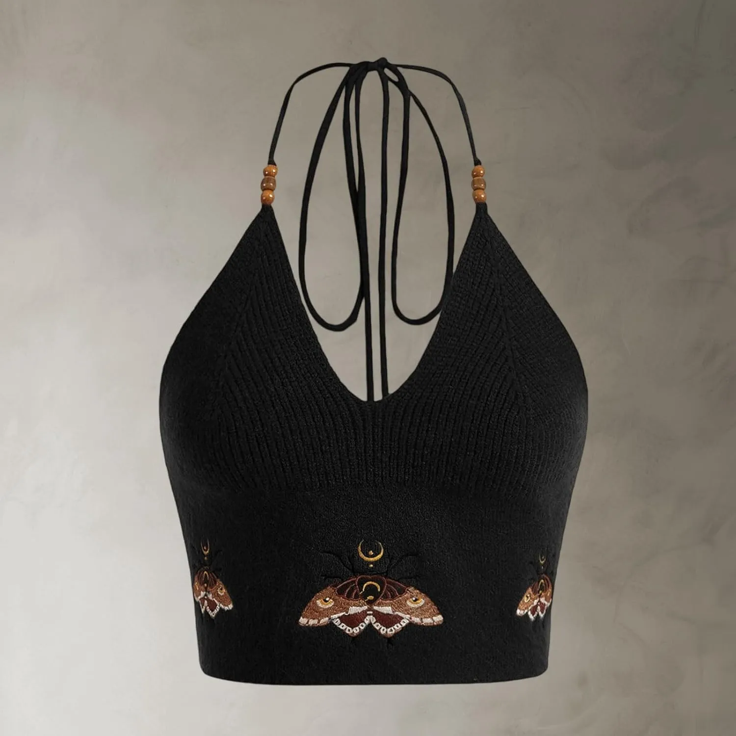 Women Y2k Knit Halter Tank Top Beaded Tie-Up Halter Neck Sleeveless Crochet Crop Vest Backless Beach Camisole Shirt