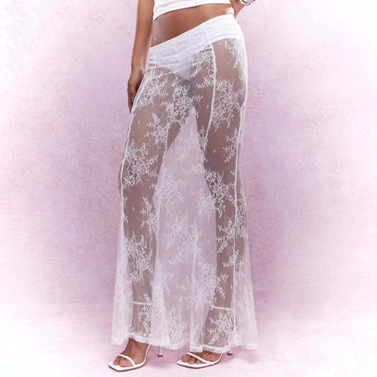 Women Y2k Lace Long Skirt Sexy See Through Maxi Skirt Cute High Waist Sheer Skirt Lace Club Party Skirt Streetwear