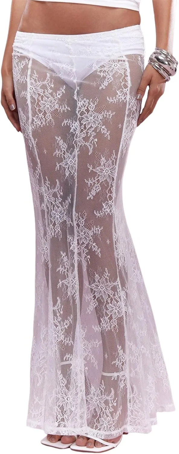 Women Y2k Lace Long Skirt Sexy See Through Maxi Skirt Cute High Waist Sheer Skirt Lace Club Party Skirt Streetwear