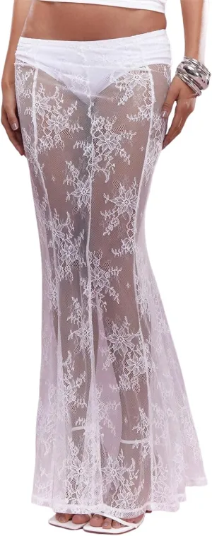 Women Y2k Lace Long Skirt Sexy See Through Maxi Skirt Cute High Waist Sheer Skirt Lace Club Party Skirt Streetwear