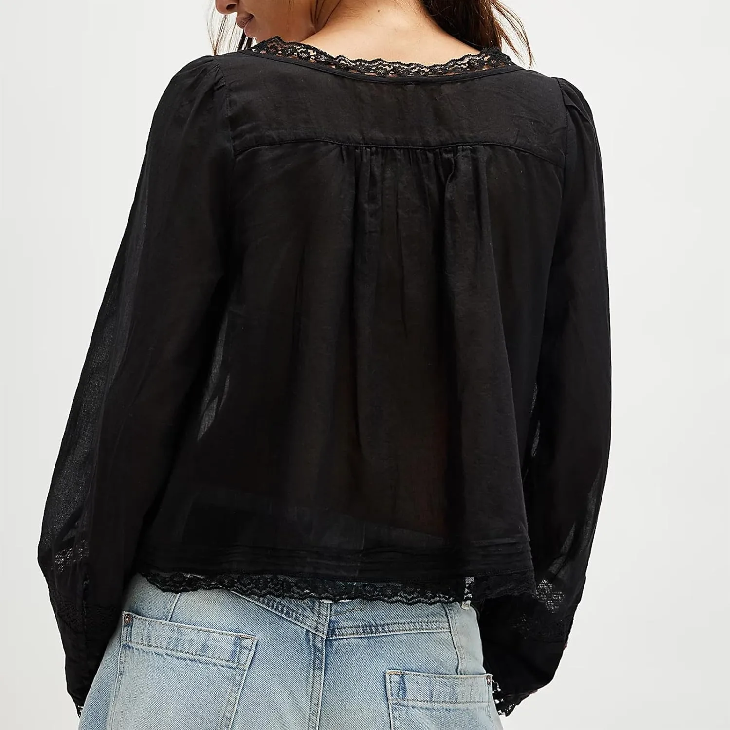 Women Y2k Long Sleeve Shirts Ruffles Lace Trim Sheer Mesh See Through Round Neck Going Out Tank Tops Blouses