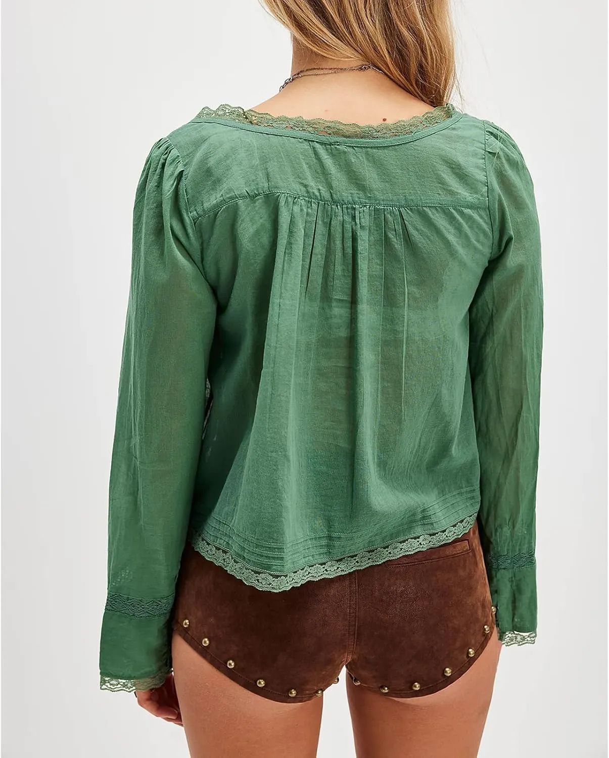 Women Y2k Long Sleeve Shirts Ruffles Lace Trim Sheer Mesh See Through Round Neck Going Out Tank Tops Blouses