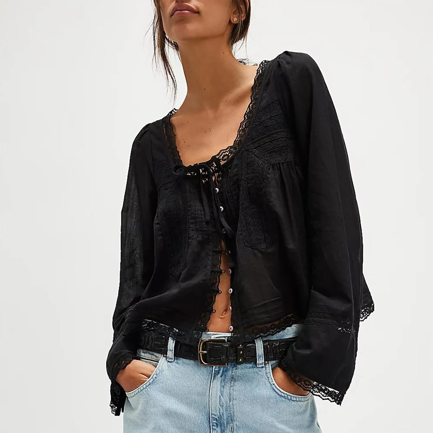 Women Y2k Long Sleeve Shirts Ruffles Lace Trim Sheer Mesh See Through Round Neck Going Out Tank Tops Blouses