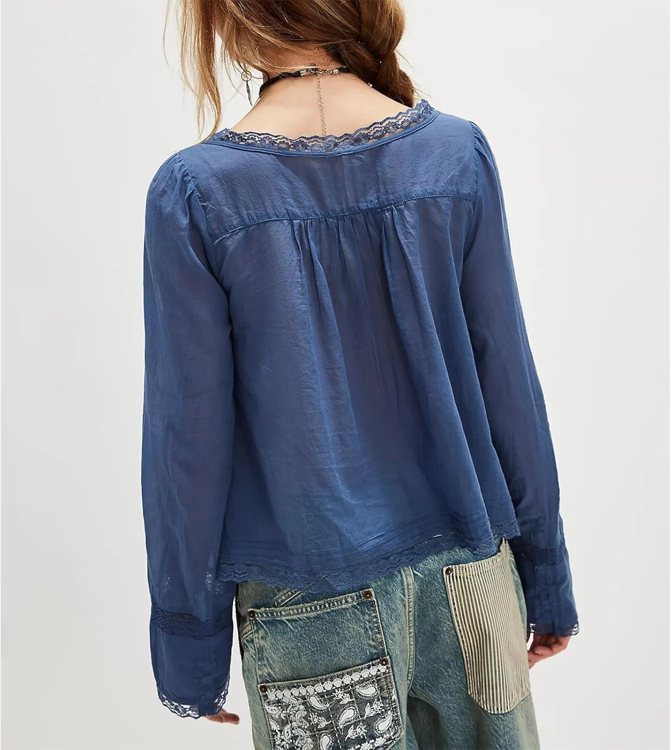 Women Y2k Long Sleeve Shirts Ruffles Lace Trim Sheer Mesh See Through Round Neck Going Out Tank Tops Blouses