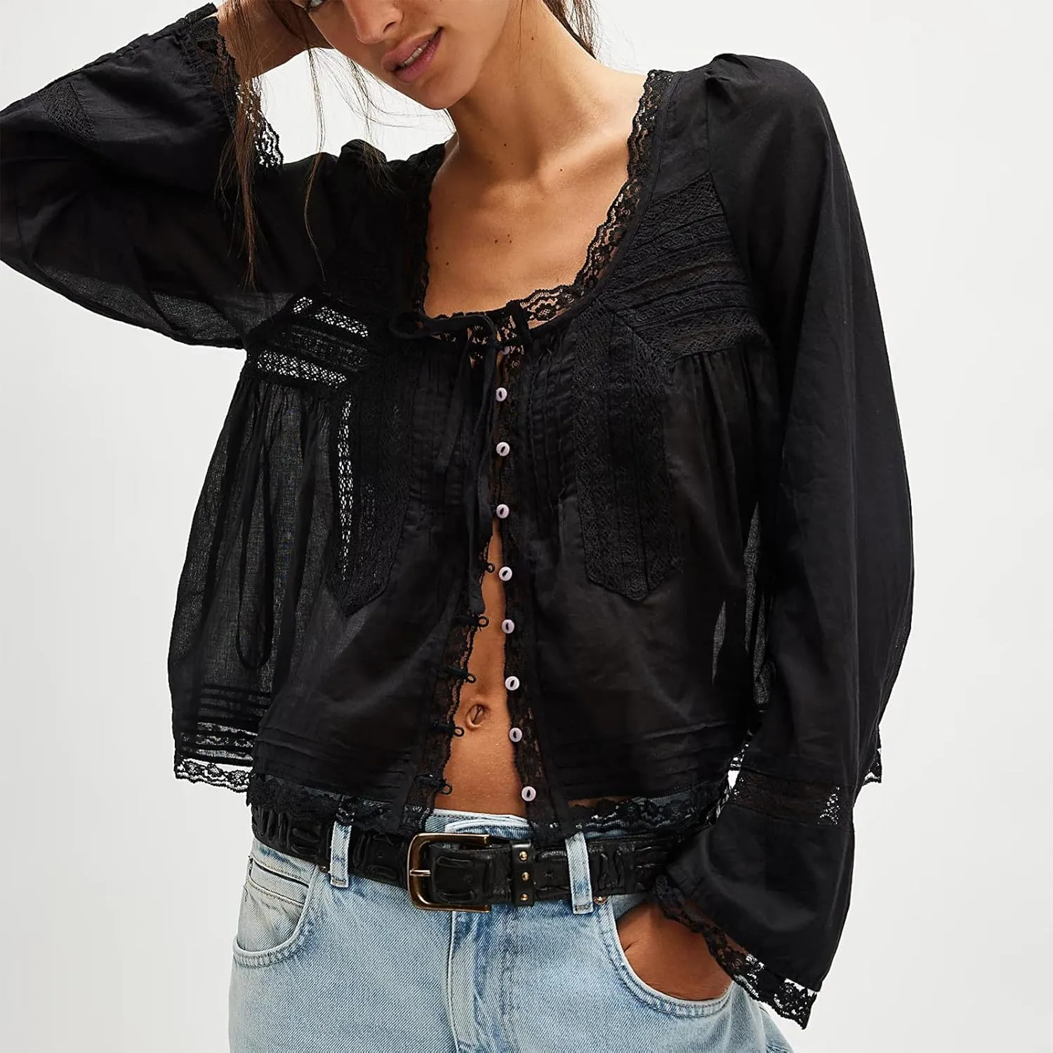 Women Y2k Long Sleeve Shirts Ruffles Lace Trim Sheer Mesh See Through Round Neck Going Out Tank Tops Blouses