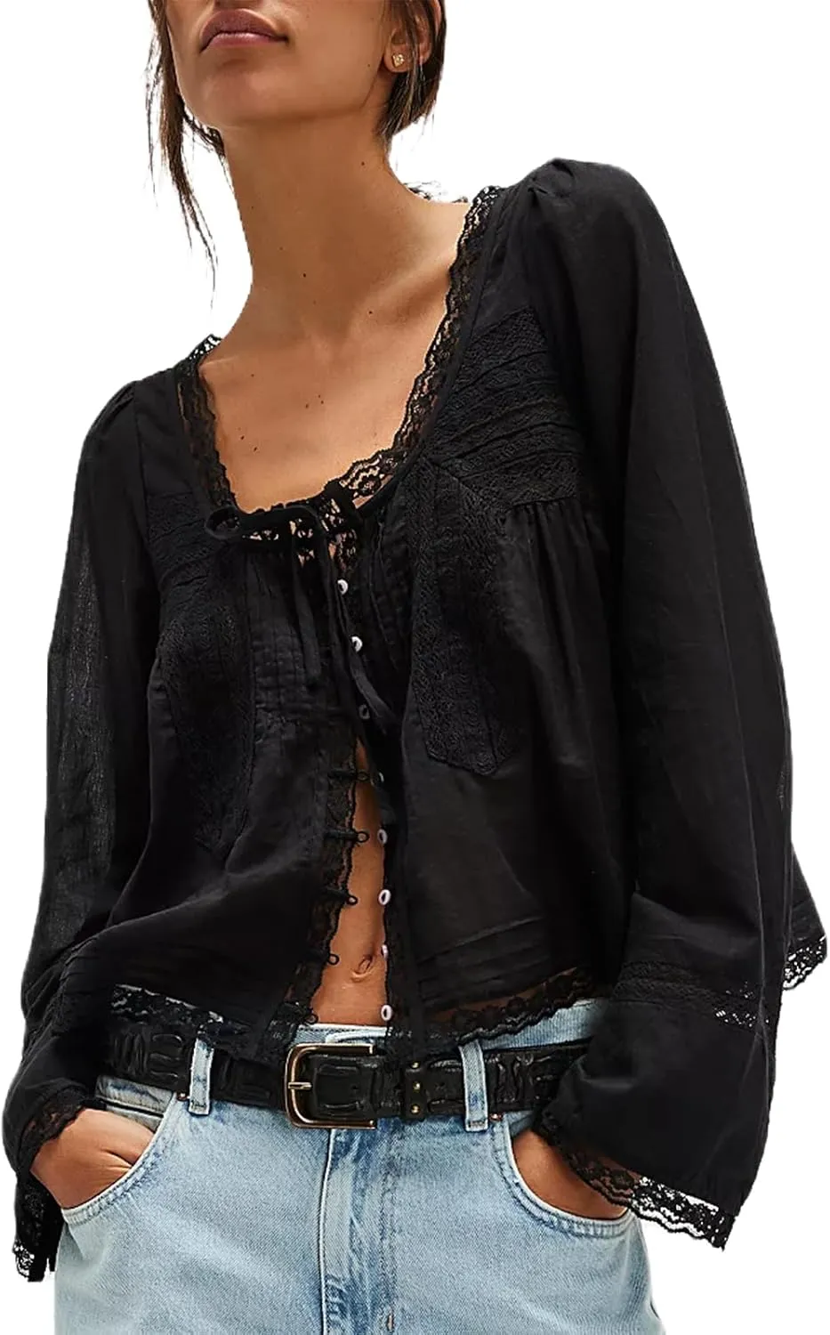 Women Y2k Long Sleeve Shirts Ruffles Lace Trim Sheer Mesh See Through Round Neck Going Out Tank Tops Blouses