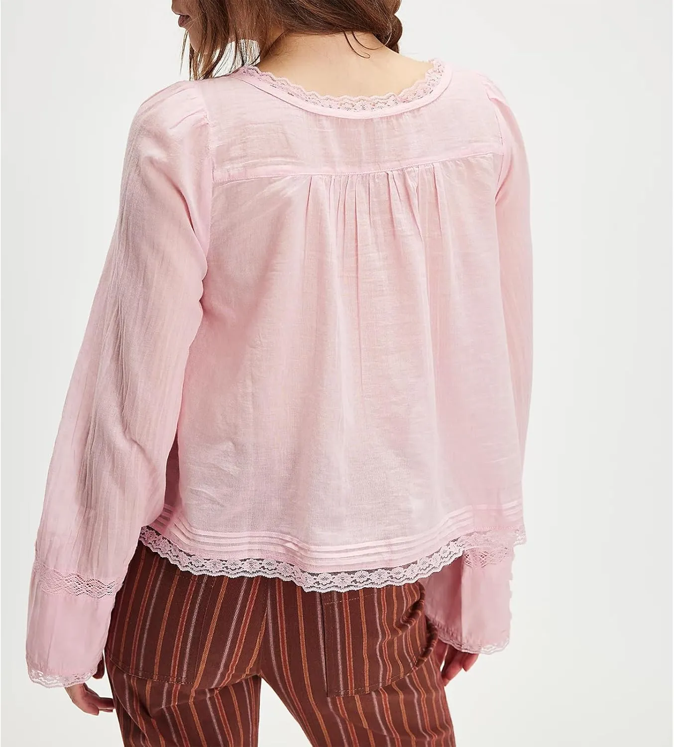 Women Y2k Long Sleeve Shirts Ruffles Lace Trim Sheer Mesh See Through Round Neck Going Out Tank Tops Blouses