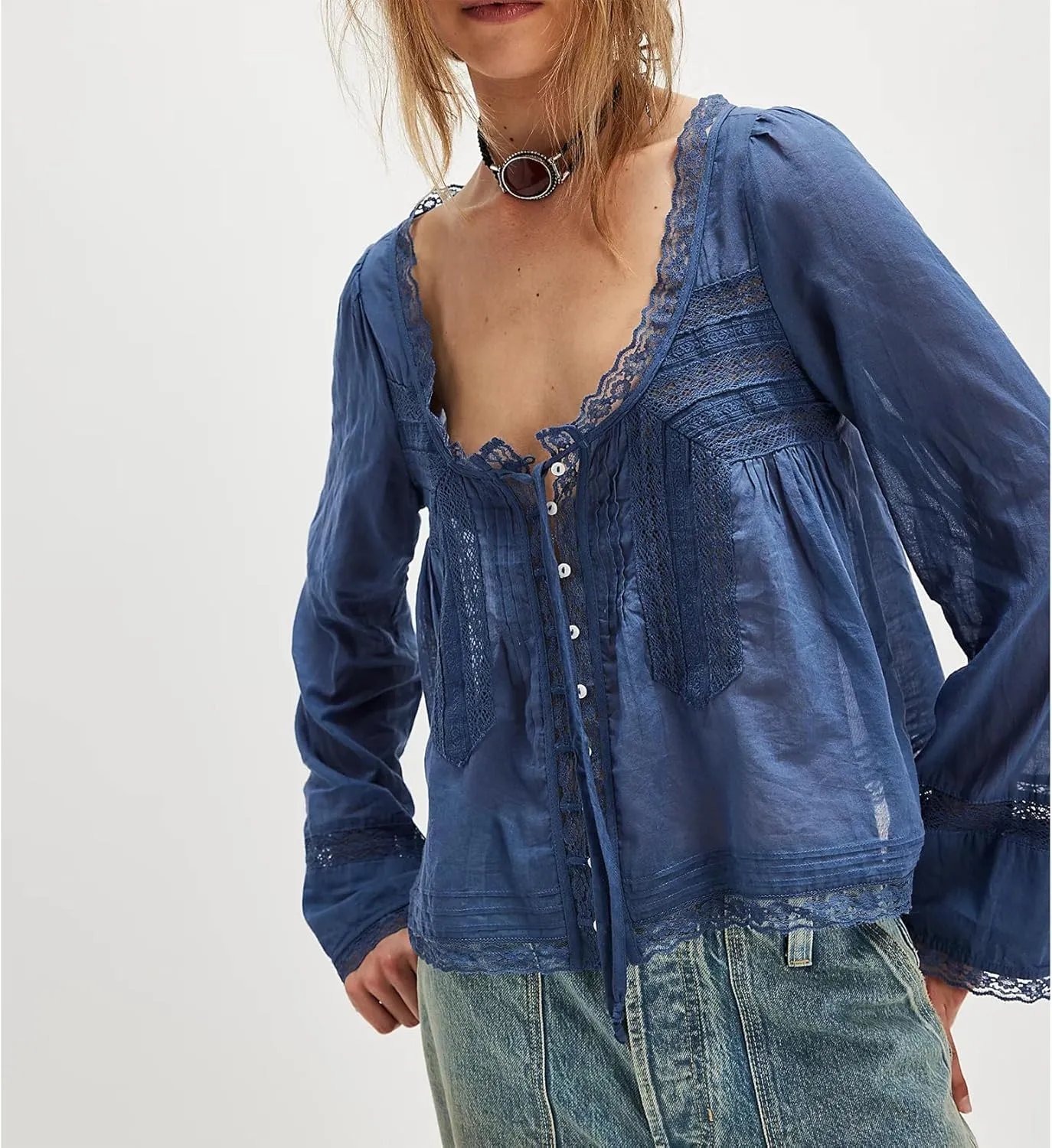 Women Y2k Long Sleeve Shirts Ruffles Lace Trim Sheer Mesh See Through Round Neck Going Out Tank Tops Blouses