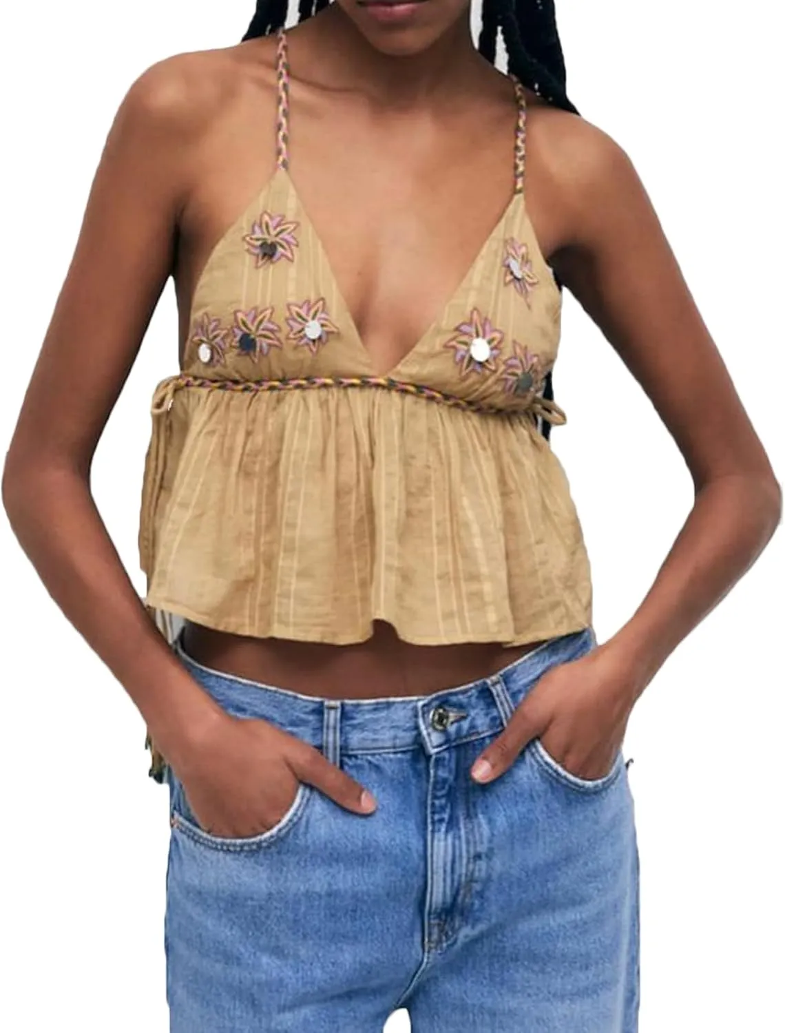 Women Y2k Peplum Tank Cami Top Tie Up Strap Camisole Aesthetic Sleeveless Shirts Streetwear