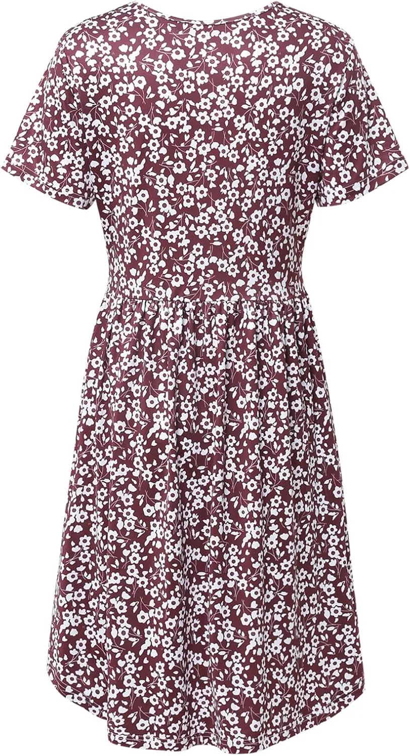 Women's 2024 Floral Summer Crew Neck Short Sleeve Ruffle Boho Swing Mini Dresses