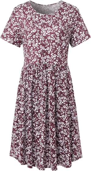 Women's 2024 Floral Summer Crew Neck Short Sleeve Ruffle Boho Swing Mini Dresses