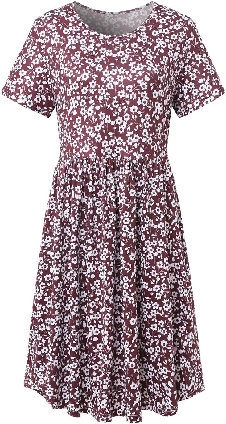 Women's 2024 Floral Summer Crew Neck Short Sleeve Ruffle Boho Swing Mini Dresses