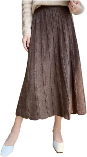 Women's Autumn Winter Cashmere A-Line Skirt High Waist Pleated Knitted Midi