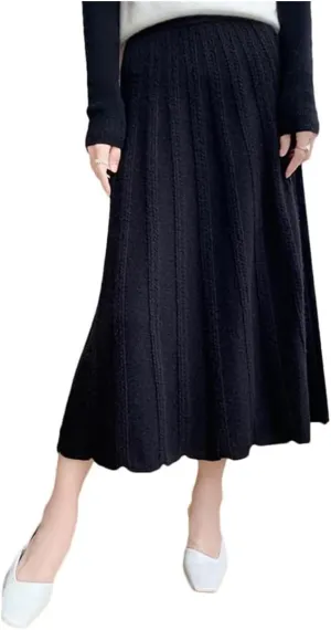 Women's Autumn Winter Cashmere A-Line Skirt High Waist Pleated Knitted Midi