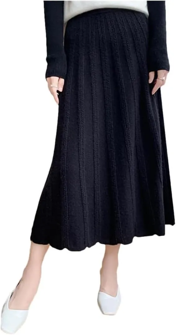 Women's Autumn Winter Cashmere A-Line Skirt High Waist Pleated Knitted Midi
