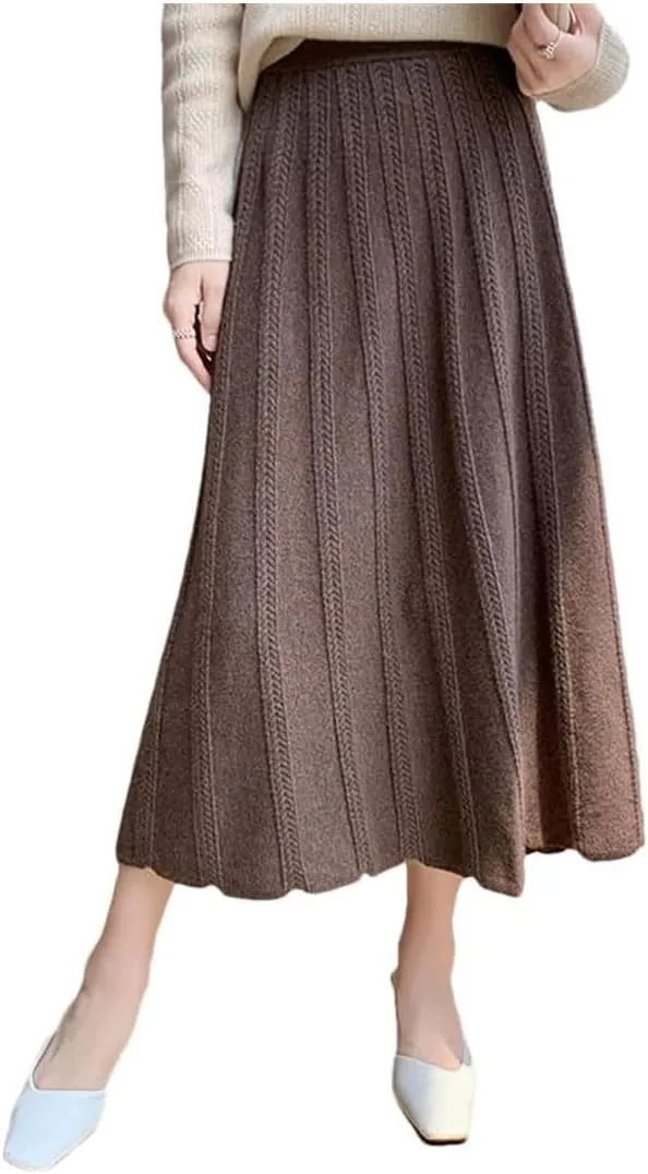 Women's Autumn Winter Cashmere A-Line Skirt High Waist Pleated Knitted Midi