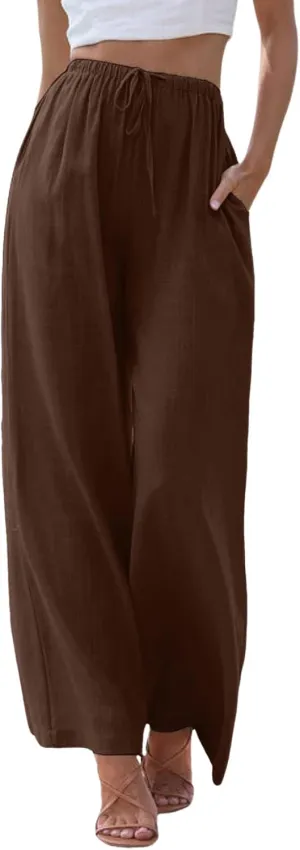 Womens Baggy Wide Leg Pants Womens Cotton Linen Palazzo Pants Wide Leg High Waisted Palazzo Summer Flowy Beach