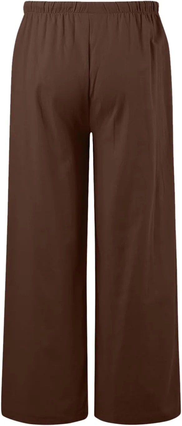 Womens Baggy Wide Leg Pants Womens Cotton Linen Palazzo Pants Wide Leg High Waisted Palazzo Summer Flowy Beach