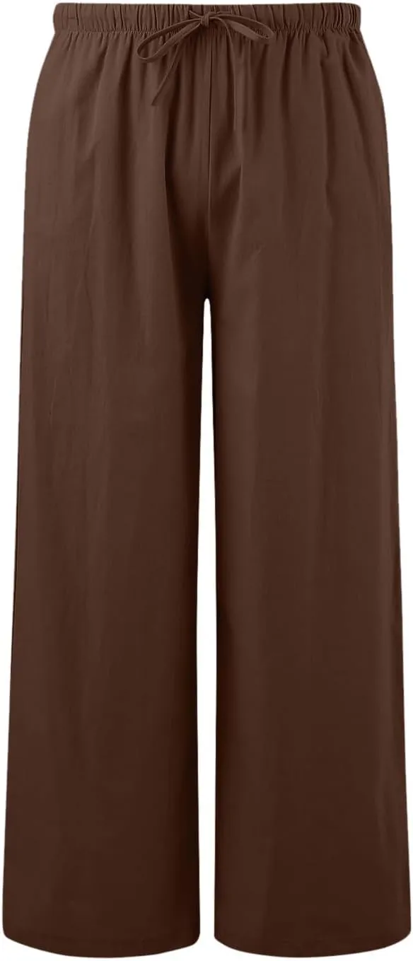 Womens Baggy Wide Leg Pants Womens Cotton Linen Palazzo Pants Wide Leg High Waisted Palazzo Summer Flowy Beach