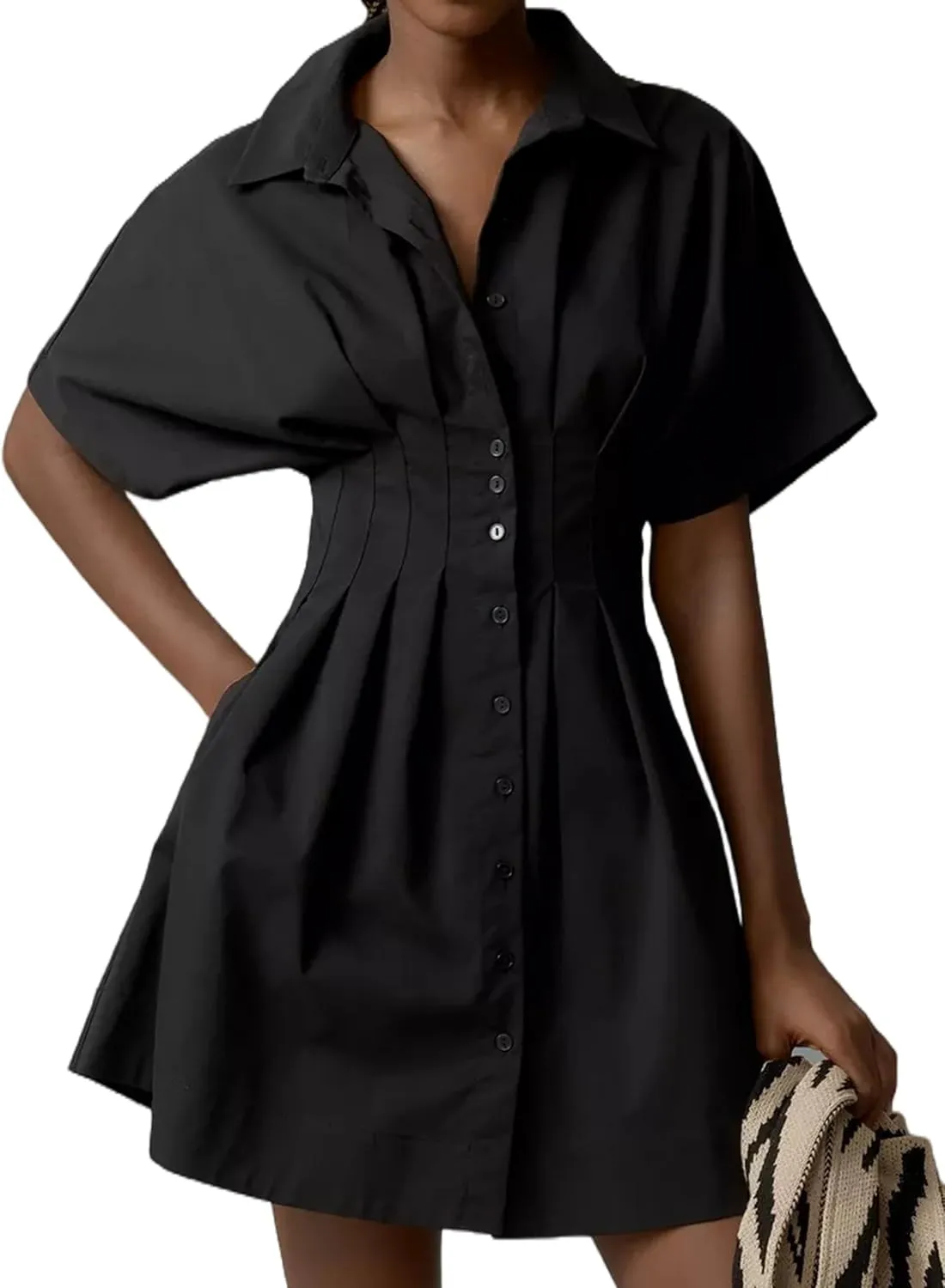 Women's Black Striped Mini Dress - Summer Casual Dress with Short Sleeves and High Waist