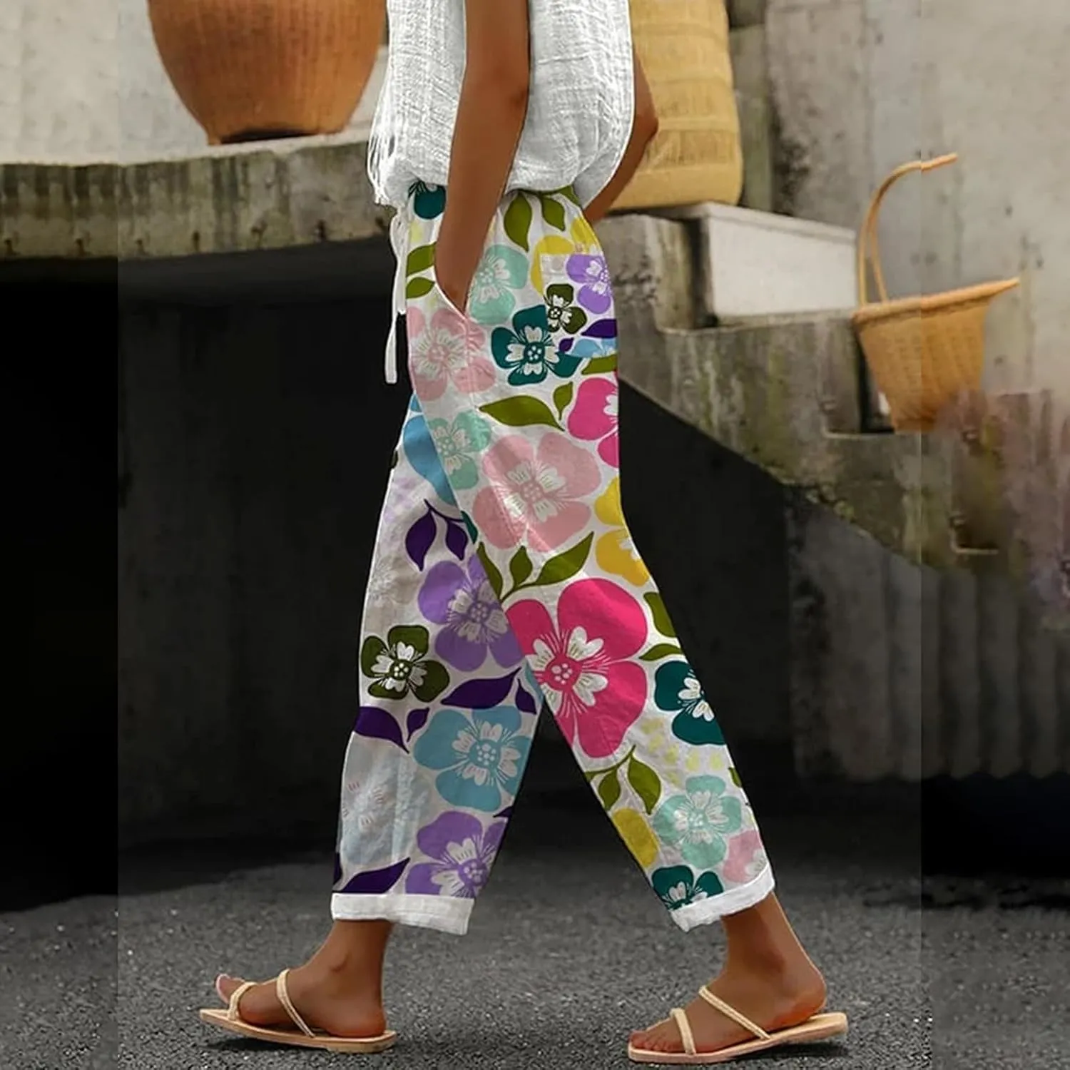 Women's Boho Linen Palazzo Pants Cotton Casual Elastic Waist Loose Fit Comfy Print Work Trousers with Pockets