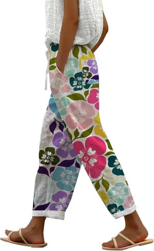 Women's Boho Linen Palazzo Pants Cotton Casual Elastic Waist Loose Fit Comfy Print Work Trousers with Pockets