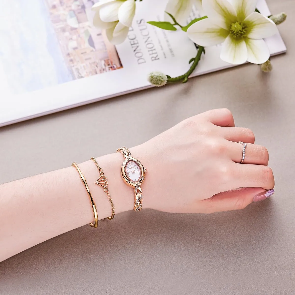 Womens Bracelet Watch, Japanese-Quartz Stainless Steel Watch, Brass Strap Watches for Women