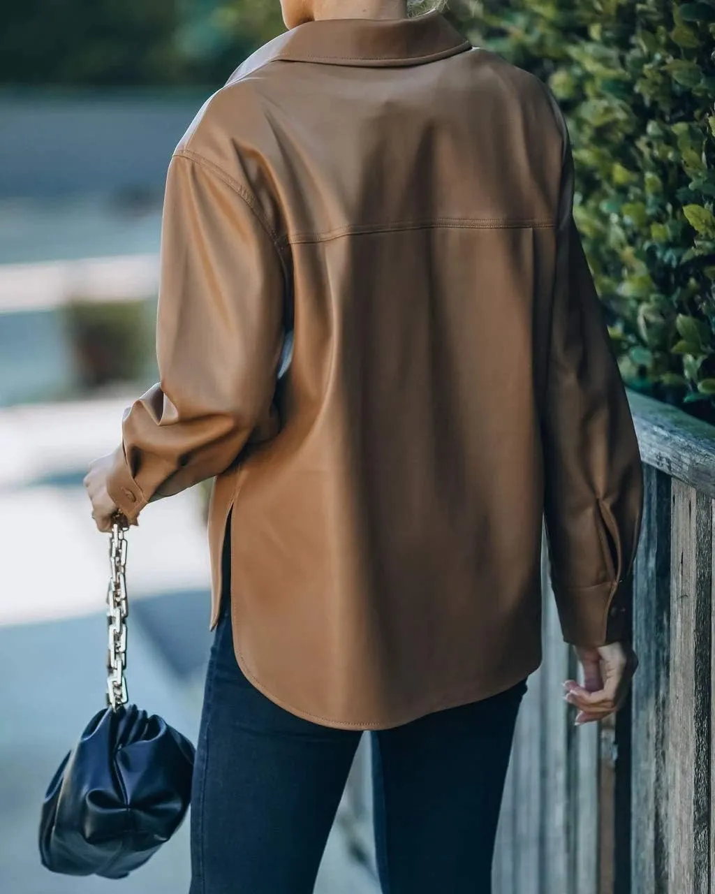 Womens Button Front Faux PU Leather Jacket Shacket Casual Shirt Long Sleeve Blazer Coat with Bust Pocket