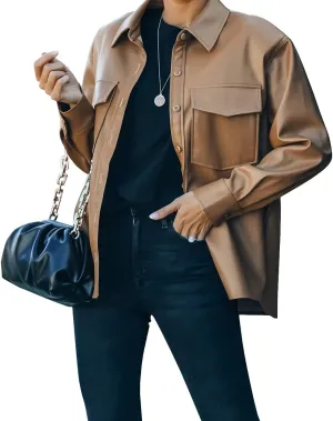 Womens Button Front Faux PU Leather Jacket Shacket Casual Shirt Long Sleeve Blazer Coat with Bust Pocket