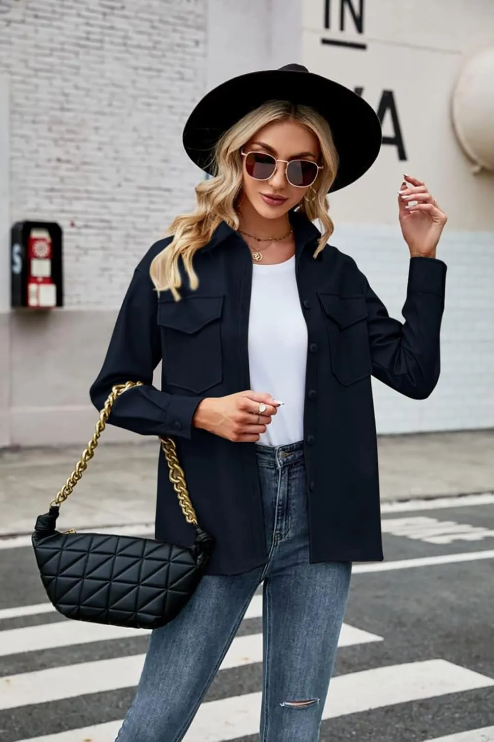 Womens Button Front Faux PU Leather Jacket Shacket Casual Shirt Long Sleeve Blazer Coat with Bust Pocket