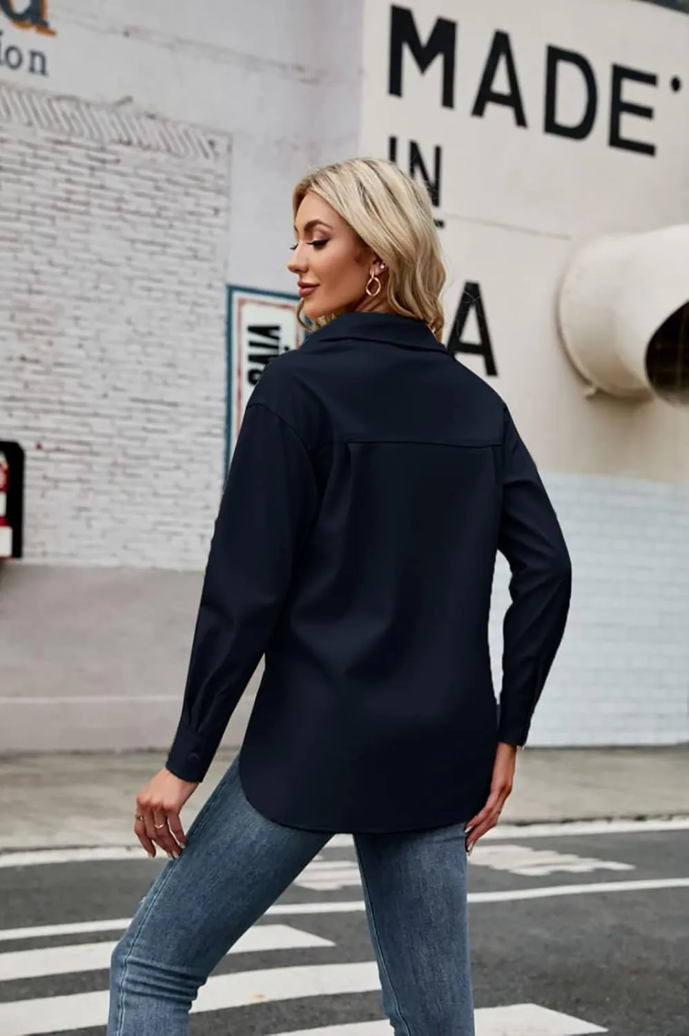 Womens Button Front Faux PU Leather Jacket Shacket Casual Shirt Long Sleeve Blazer Coat with Bust Pocket