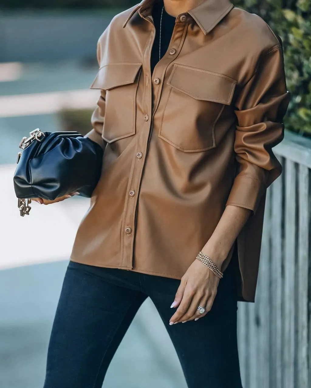 Womens Button Front Faux PU Leather Jacket Shacket Casual Shirt Long Sleeve Blazer Coat with Bust Pocket