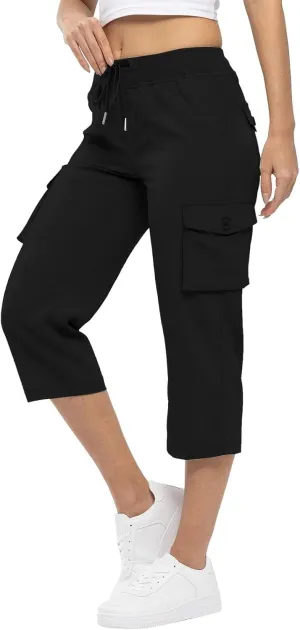 Womens Cargo Capris Pants Summer Casual Drawstring Low Waisted Hiking Jogger Outdoor Athletic 3/4 Trousers Pockets